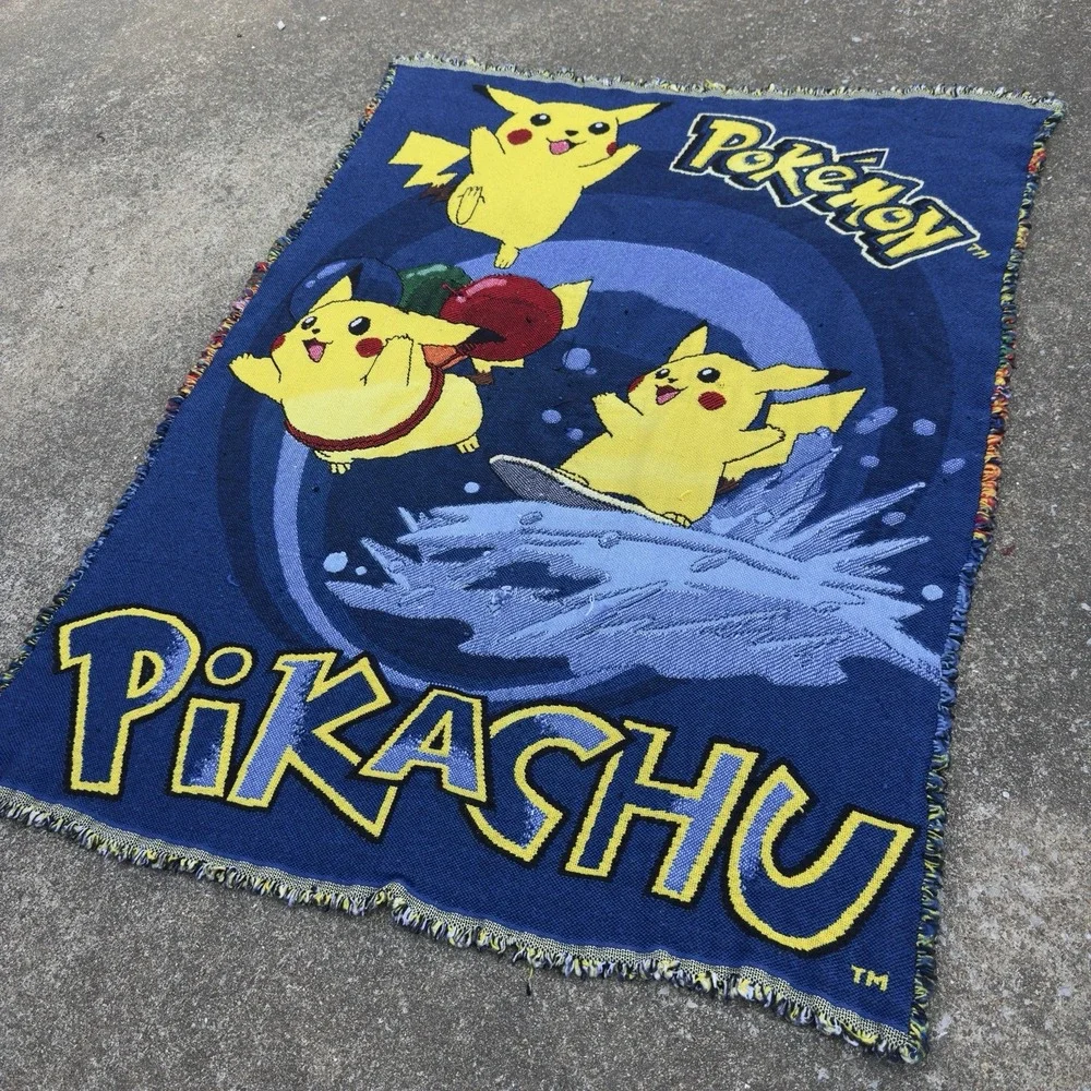 Vintage 90s Nintendo Pokemon Pikachu Throw Blanket Tapestry Woven Blue OS